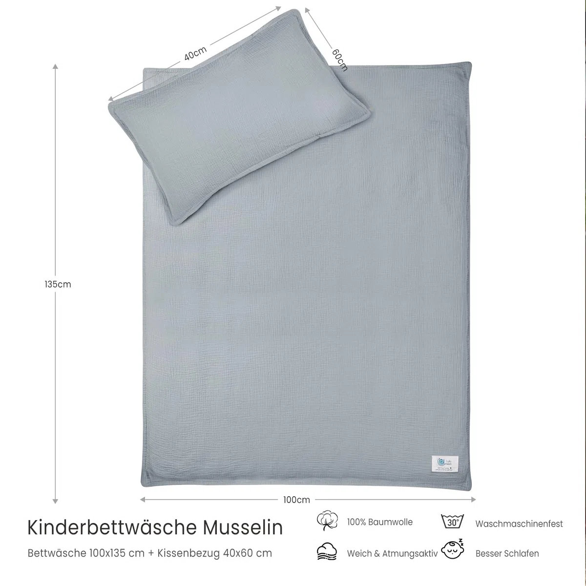 lulumoon - Set biancheria da letto per bambini in mussola, 100 x 135 cm: copripiumino 100 x 135 + federa 40 x 60 cm in cotone Oeko-TEX Standard – Set biancheria da letto leggero e confortevole per
