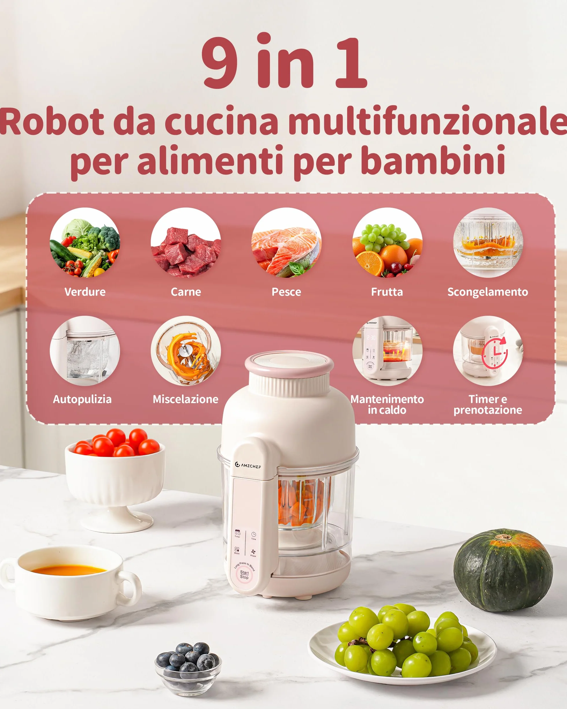 AMZCHEF Cuocipappa 6-in-1 Vaporiera & Frullatore Baby Food Processor BPA-Free Touch Screen
