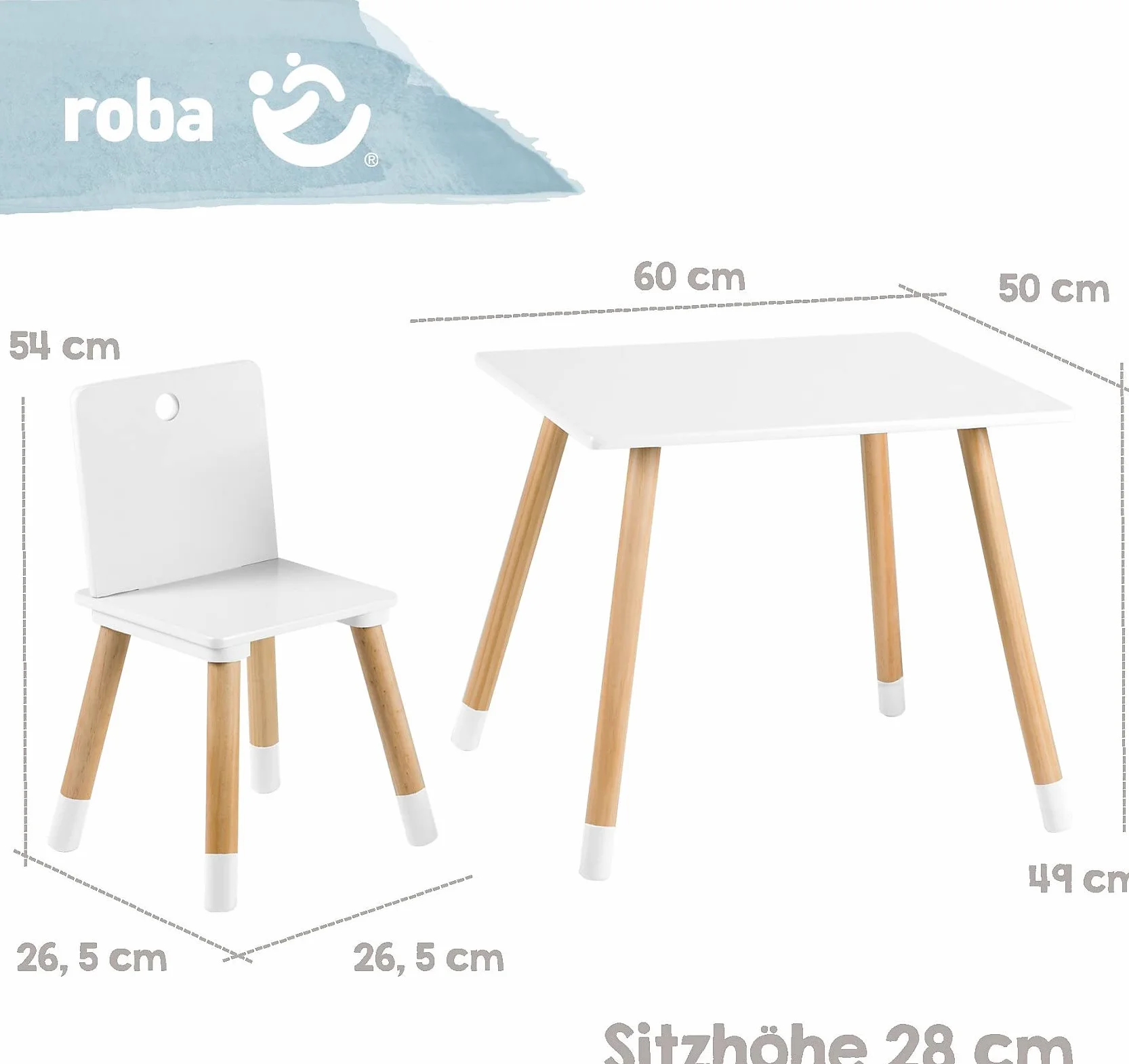 roba Set Tavolo + 2 Sedie per Bambini - da Esterno e da Interno - 3 Altezze Regolabili - Piedi in Legno Massiccio - Stile Scandinavo - Legno Naturale e Laccato Bianco