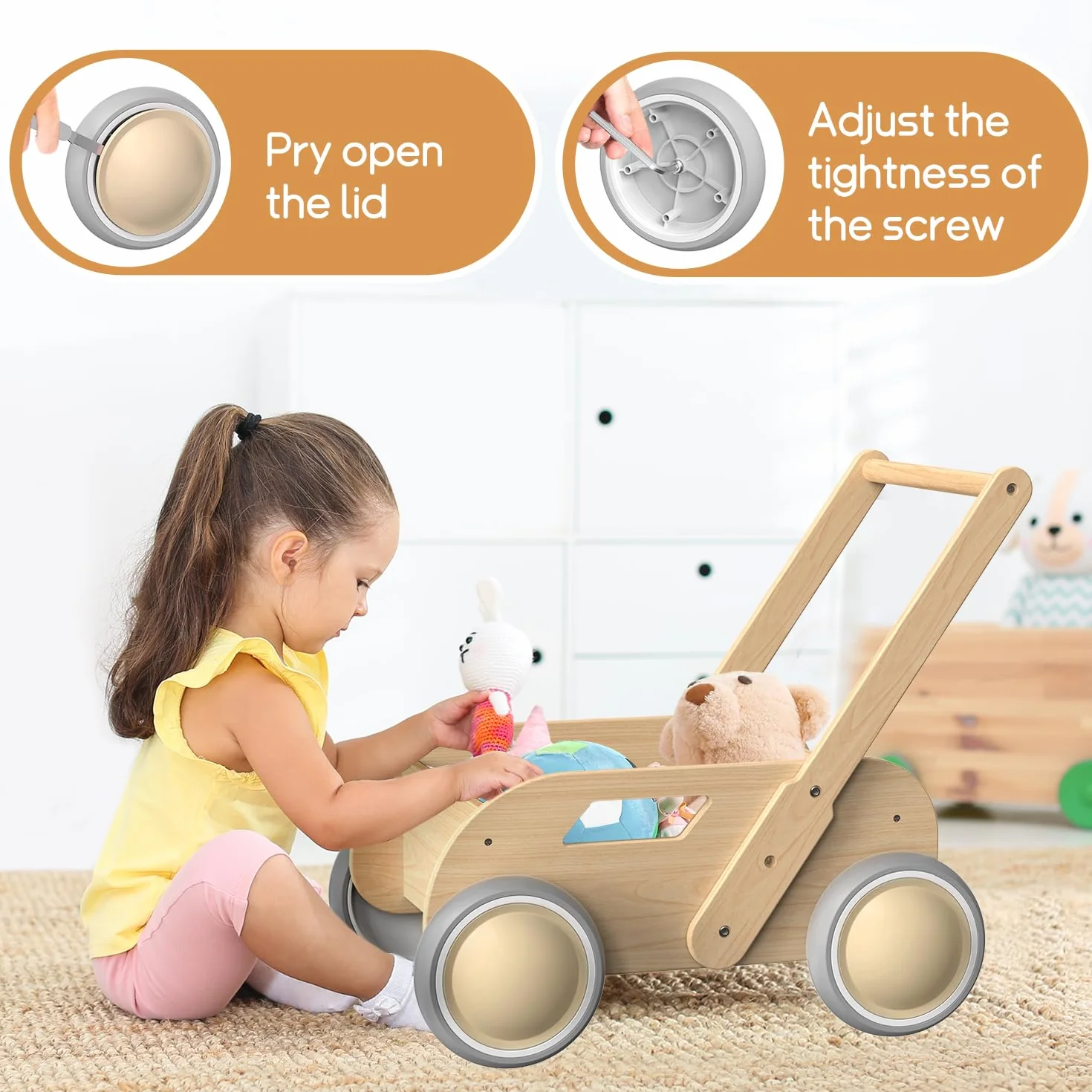 Girello per Bambini di legno, Carrello Primi Passi Legno per Bambini e Bambine, Activity Baby Walker, Toddler Push & Pull Toys, Primi Passi Regalo per Compleanno Natale, Naturale