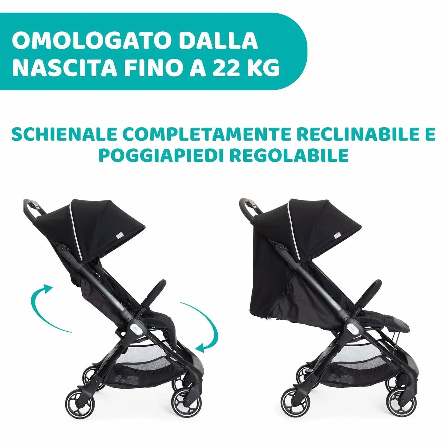 Chicco We Passeggino Leggero e Compatto 0-22 kg Reclinabile Chiusura Una Mano Capotte Parasole Parapioggia Nero
