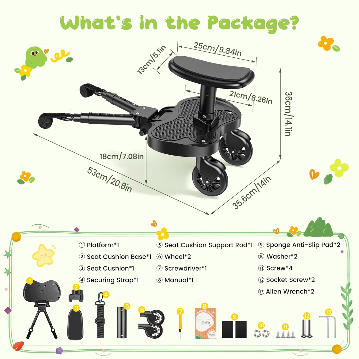 Passeggino universale Skate Passeggino universale portatile Kiddy Boards con cinghia di sospensione, ruote per bambini da 2 a 6 anni (25 kg)