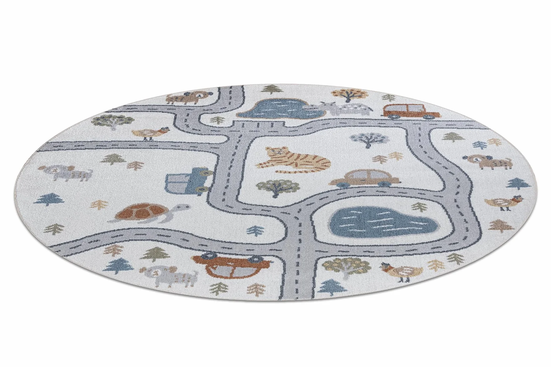 rugsx Tappeto bambini BONO 8283 Per la stanza del bambino, tappeti da gioco, camera dei bambini, Strada, animali, crema/grigio chiaro, cerchio 100 cm