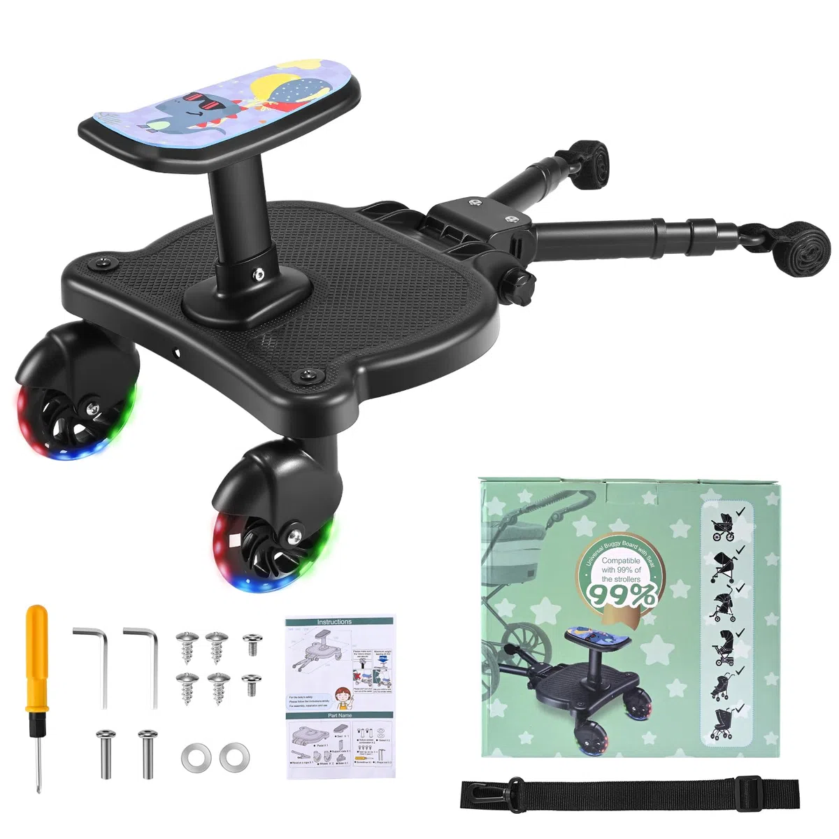 Pedana Passeggino Universale con Ruote a LED, Tavolette Portatili con Sellino per Passeggini Adatto al 99% dei passeggini, Accessorio per Passeggino per Bambini di 2-6 Anni 25 kg, Nero