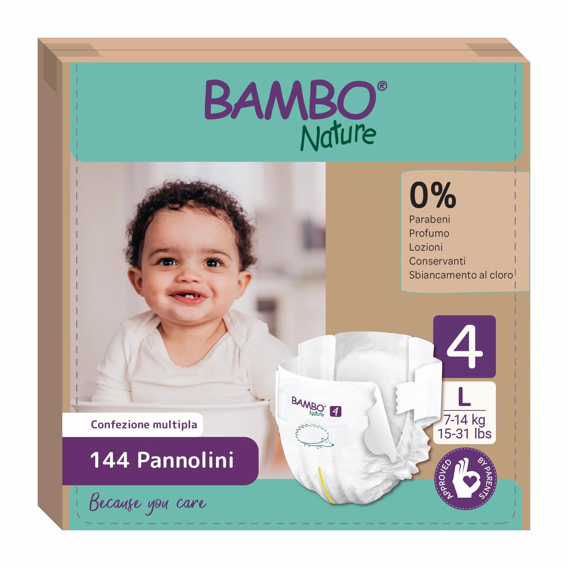 Bambo Nature Pannolini taglia 4 (7-14 kg) 144 pz. Scatola mensile premium protezione perdite dermatologicamente testati