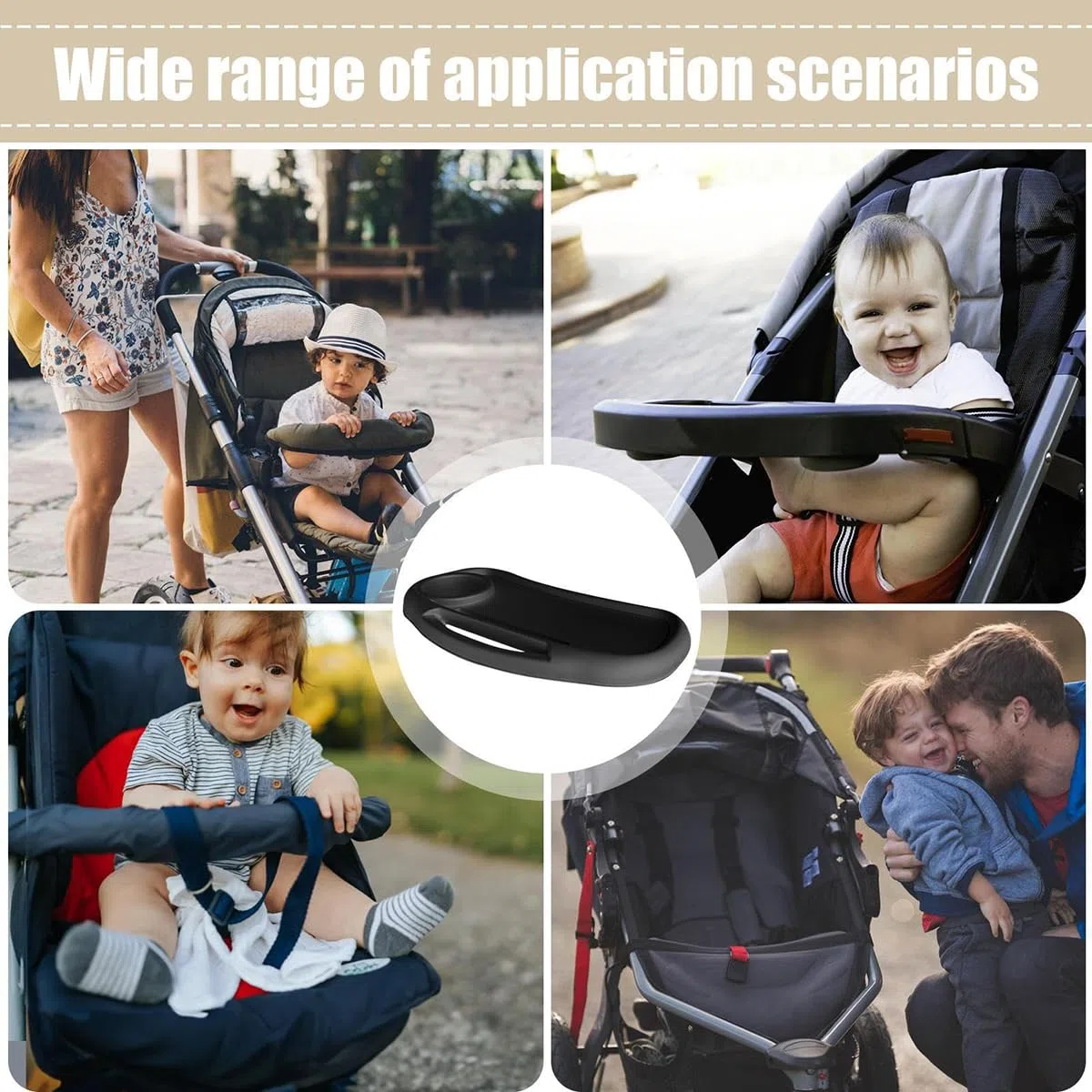 Vassoio per snack per passeggino con portabicchieri, 3 in 1, rimovibile, universale, regolabile, accessorio per passeggino, fissaggio sicuro (beige)