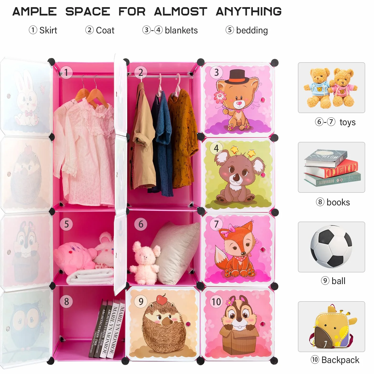 BRIAN & DANY Armadio Bambini 8 Cubi 2 Sezioni Appese Rosa 110x47x147 cm