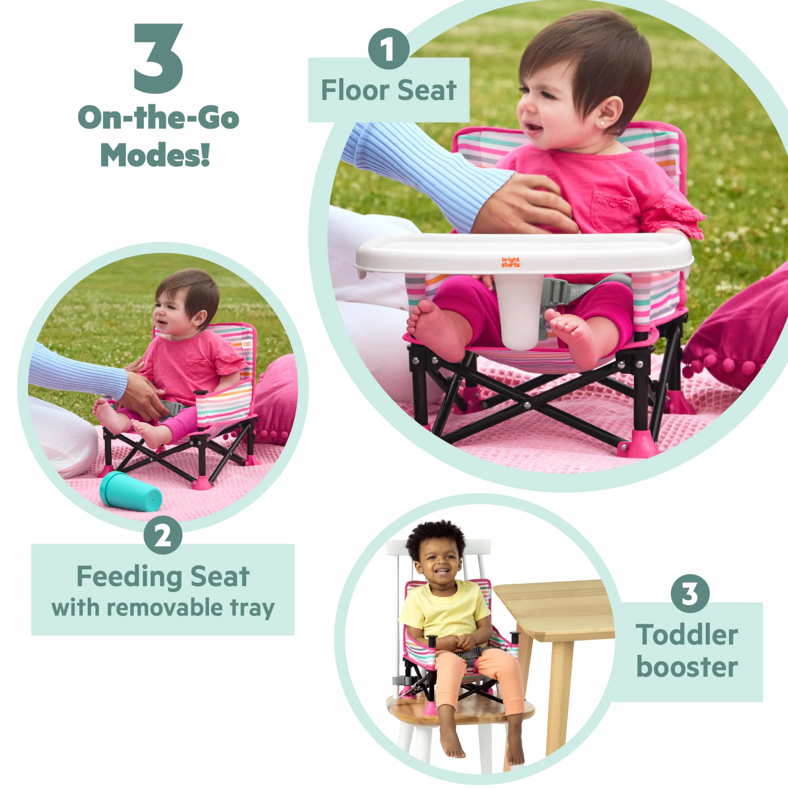 Bright Starts Pop 'N Sit Minnie Mouse Rialzo per sedia portatile con vassoio, verde chiaro, 6 mesi-3 anni