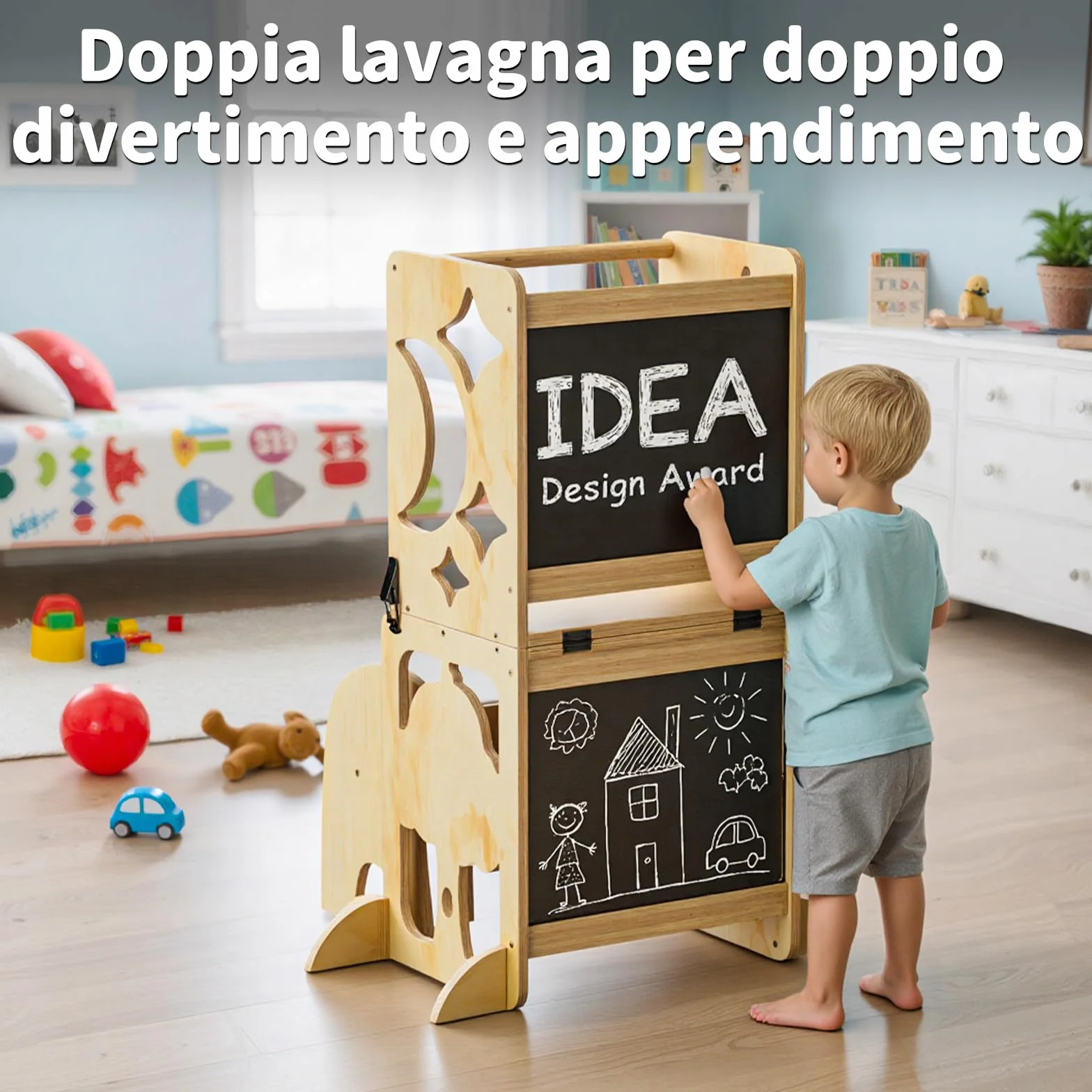 COSYLAND Torre Montessoriana Bambini 4 in 1 - Torretta Montessoriana con Scrivania e Sedia in Legno Naturale