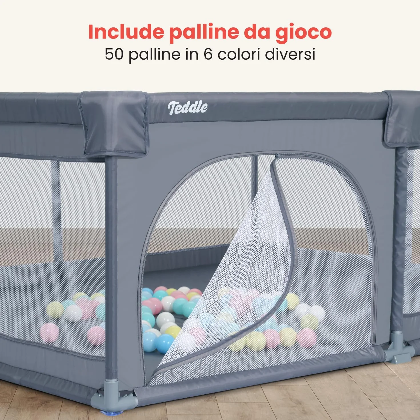 Box Bambini – Incluso Tappeto da Gioco Double-Face - Recinto per Bambini con 50 Palline – 180 x 150 cm – Box Neonato Per Uso Interno ed Esterno – Box per Bambini (Grigio, 180x150cm)