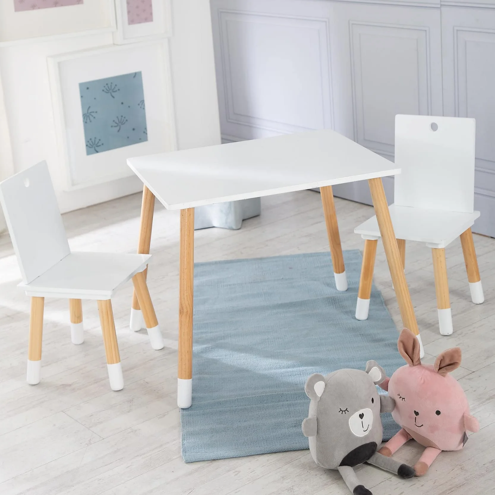roba Set Tavolo + 2 Sedie per Bambini - da Esterno e da Interno - 3 Altezze Regolabili - Piedi in Legno Massiccio - Stile Scandinavo - Legno Naturale e Laccato Bianco