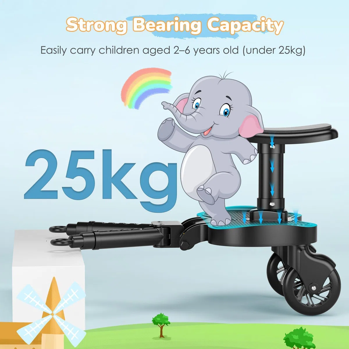 Pedana Passeggino Universale con Sedile più Grande, Buggy board per Bambini 2-6 Anni (25KG), Adatta al 99% dei Passeggini, Montaggio Facile, Ideale per Famiglie con Due Bambini (Nero)