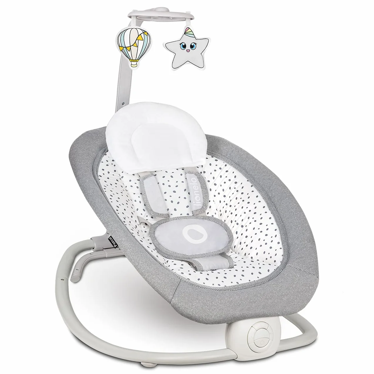 Lionelo Pascal Sdraietta neonati 0-9 kg Dondolo per bambini portatile e pieghevole, Culla 12 Melodie Giocattoli Regolazione dello schienale Vibrazioni Cinture a 5punti Materiale sfoderabile (Grigio)