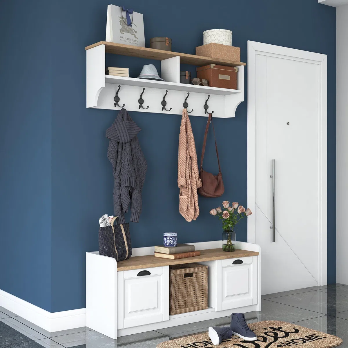 Dmora Mobile da Ingresso Karola 120x22x37h cm Bianco 6 Ripiani Appendiabiti, Modulabile