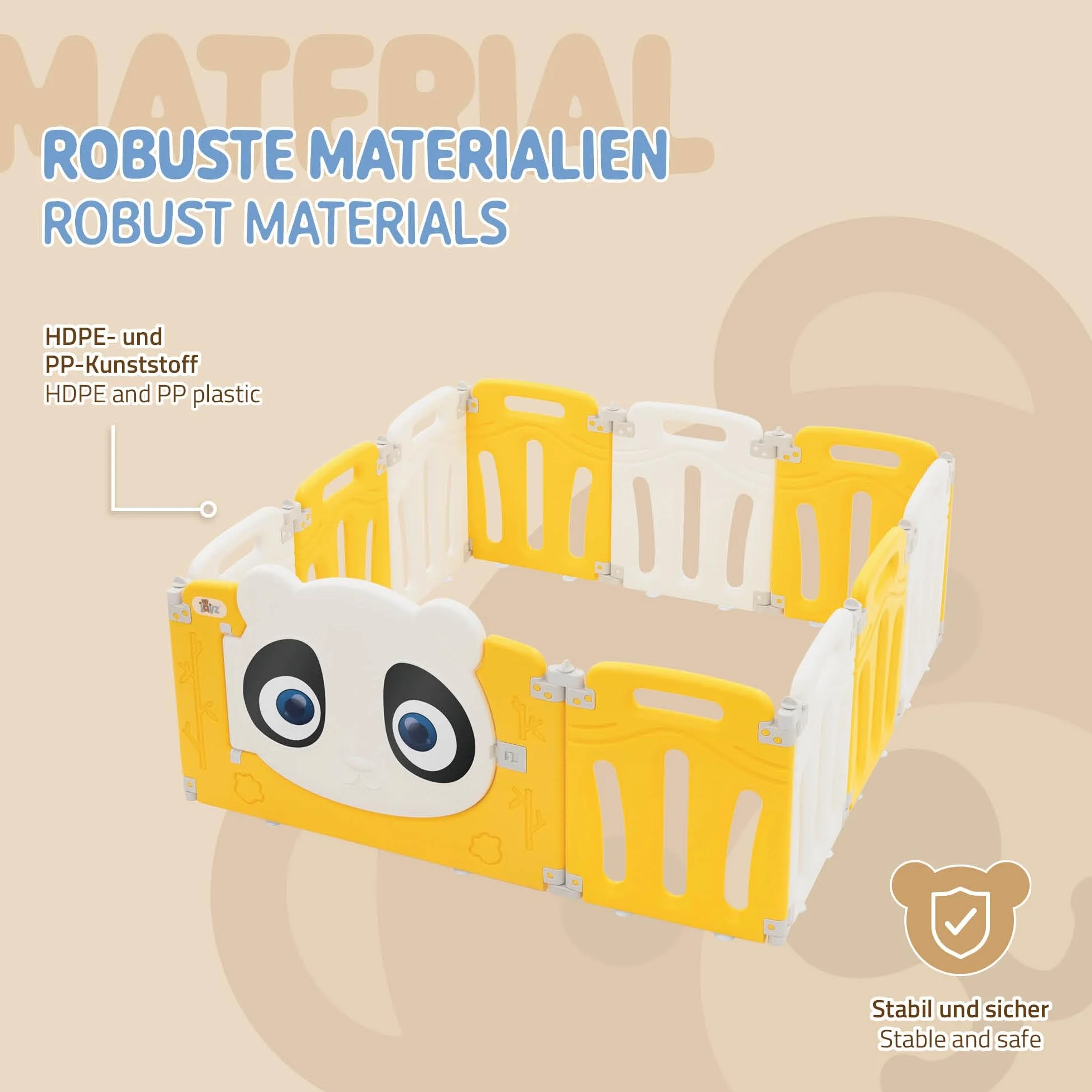 Joyz Box Bambini 120x120 cm Pieghevole Design Panda Bianco/Giallo Cancelletto con Porta e Orologio Didattico Recinto in Plastica per Interni/Esterni Cancelletto per l’Esplorazione dei Neonati
