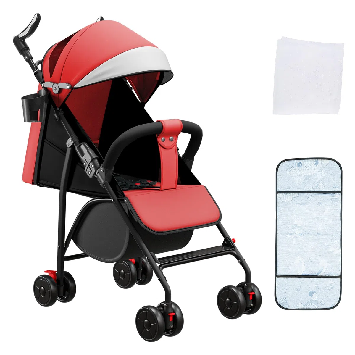 OHMG Passeggino per bambini da 0 a 4 anni, 0 a 22 kg, 3 posizioni di riposo, posizione piatta, pieghevole, con tracolla, imbracatura a 5 punti, cestino, freno a pedale