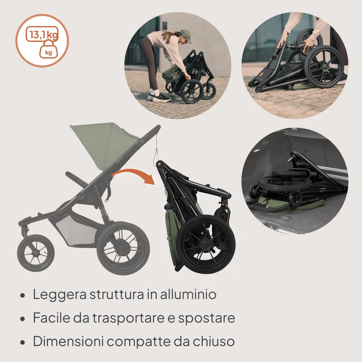 LIONELO AZURA Passeggino compatto da 6 mesi a 22 kg Passeggino a Tre Ruote, Schienale Regolabile Completamente Reclinabile Grandi Ruote Gonfiabili Sospensione Completa Cappottina XXL