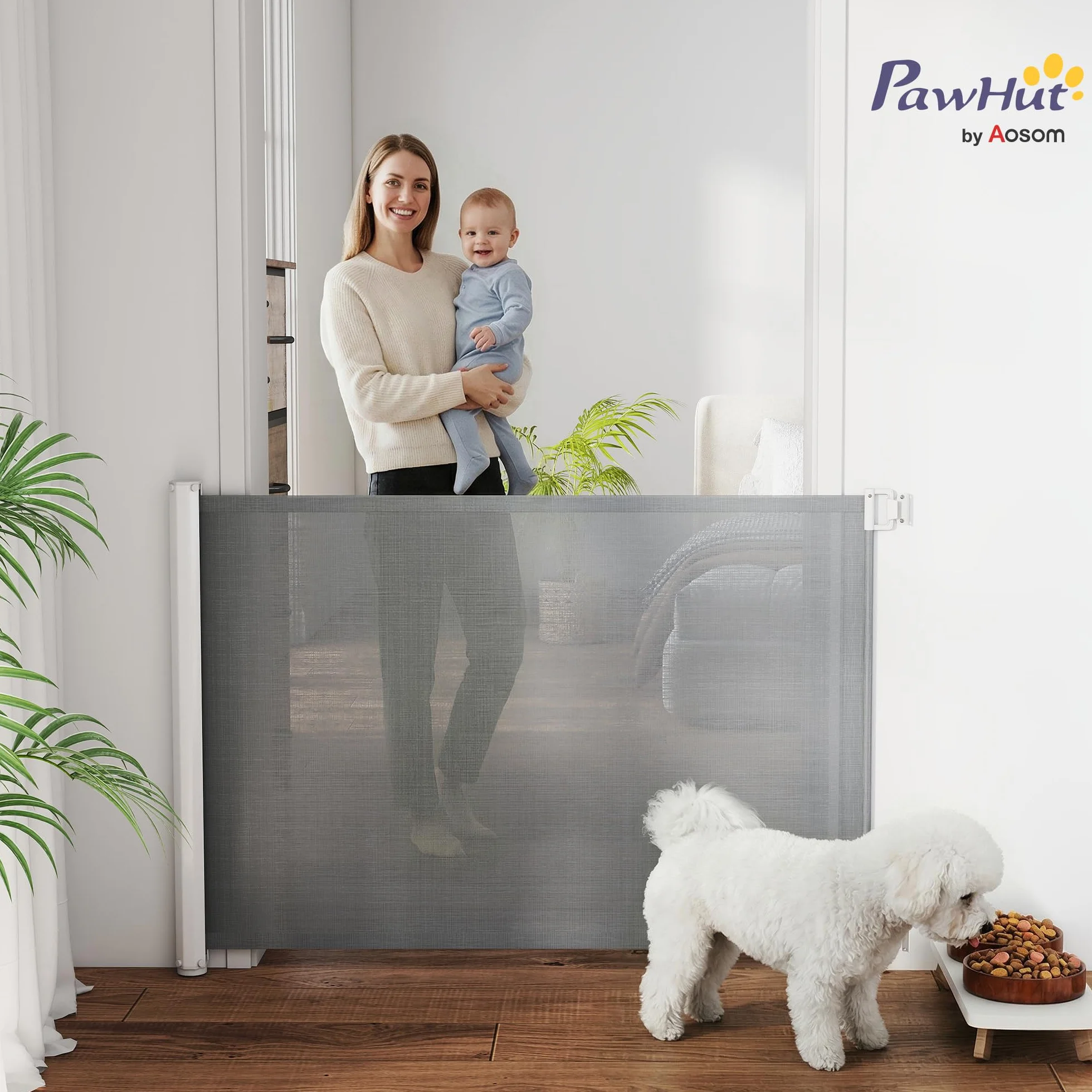 PawHut Cancellino per Cani Estensibile fino a 115 cm con Viti e Gancio, Cancelletto di Sicurezza in Poliestere e Acciaio, 115x82.5 cm, Bianco e Grigio