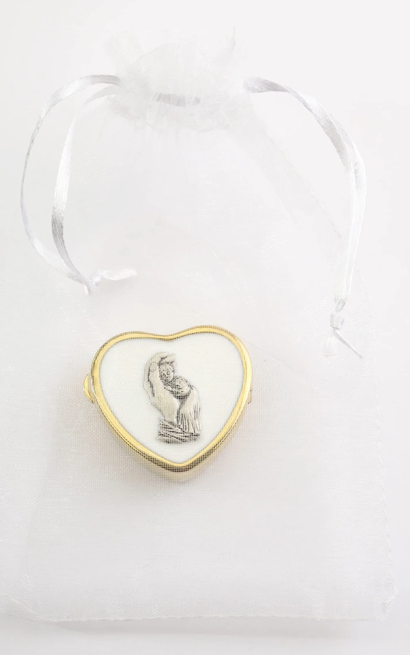 MaMeMi Rosario Prima Comunione con Perline Bianche e Croce – Calice Argento in Scatolina a Cuore Dorata con Angelo – Regalo Bambini