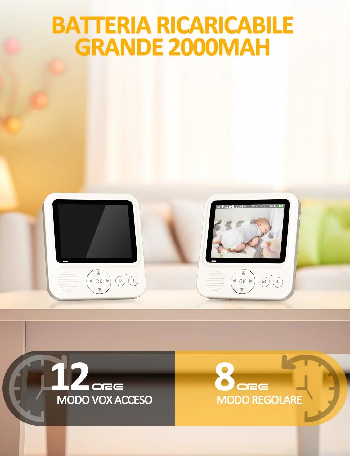 Baby Monitor Video e Audio 2,8" 720P LCD IPS 2000mAh USB-C con Zoom Digitale VOX Visione Notturna Comunicazione Bidirezionale