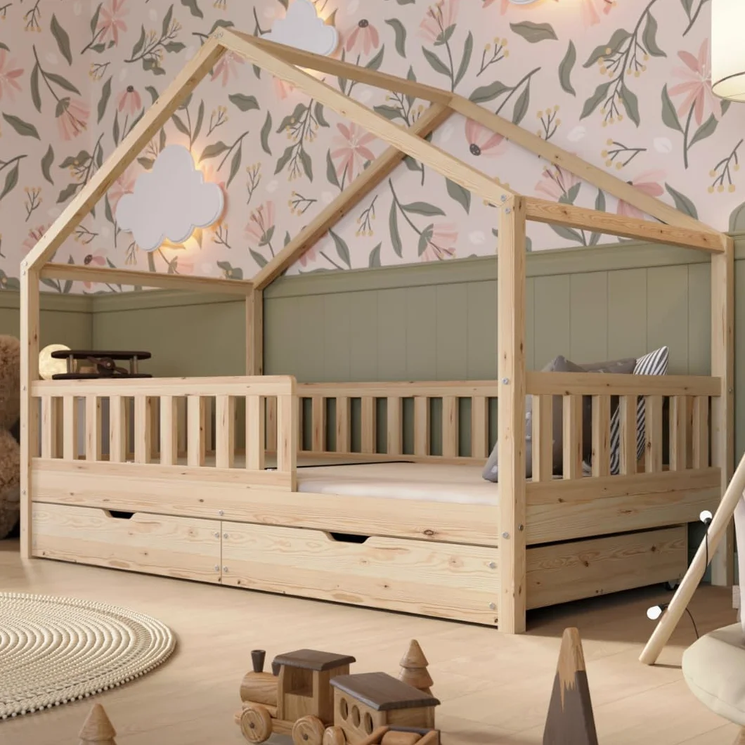 Letto Montessori a Pavimento 200x120 cm Legno Naturale con Cassetti