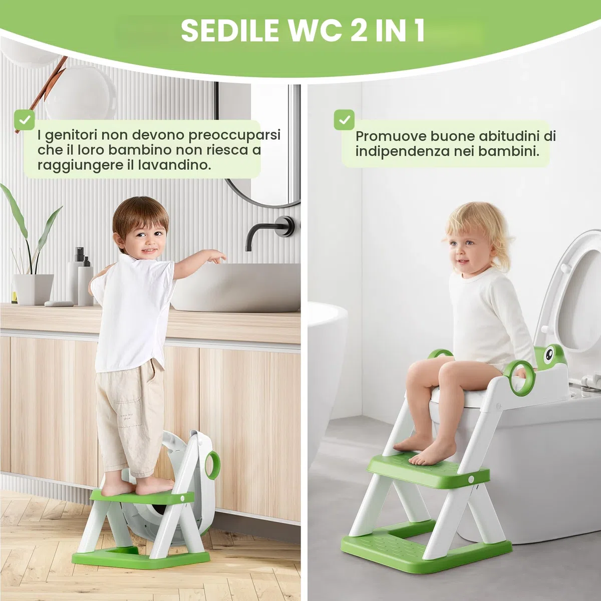 COOSEYA Riduttore Wc Bambini A Forma Di Rana,2 In 1 Vasino Con Scaletta Per Bambini Wc,Tappetino Impermeabile E Sgabello Antiscivolo,Verde