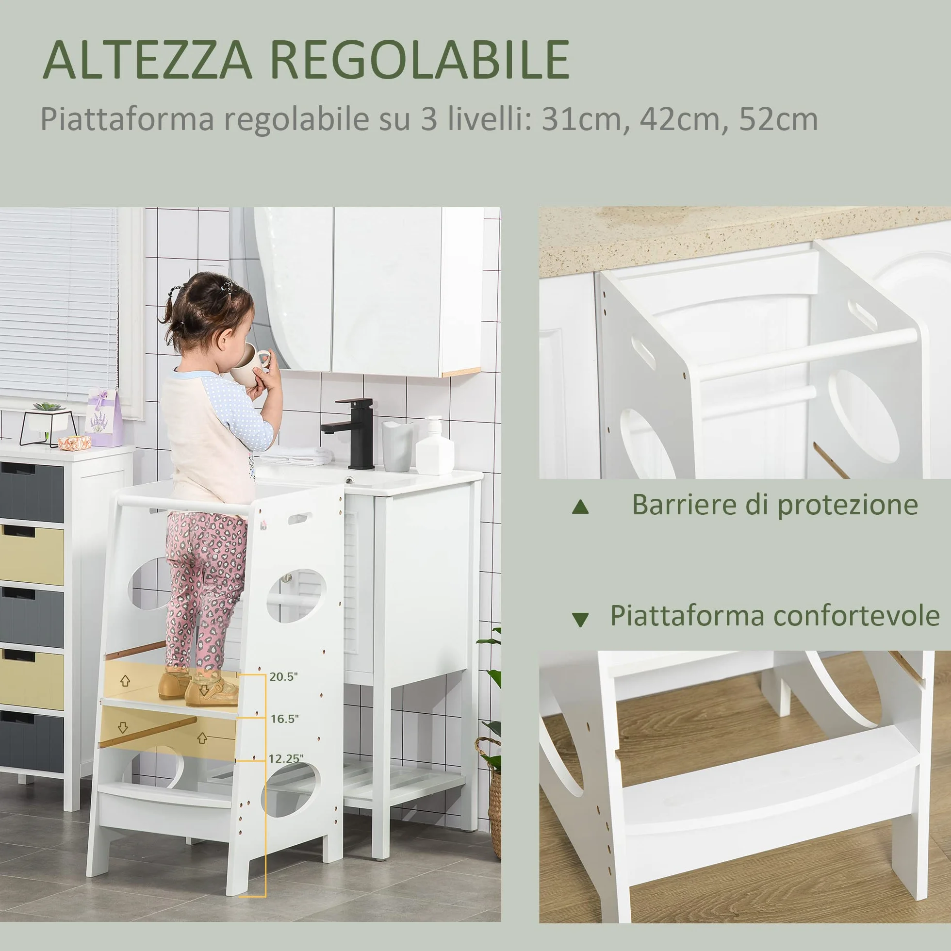 HOMCOM Torre Montessoriana Regolabile 3 Livelli, Torre Apprendimento Bambini Legno Bianco