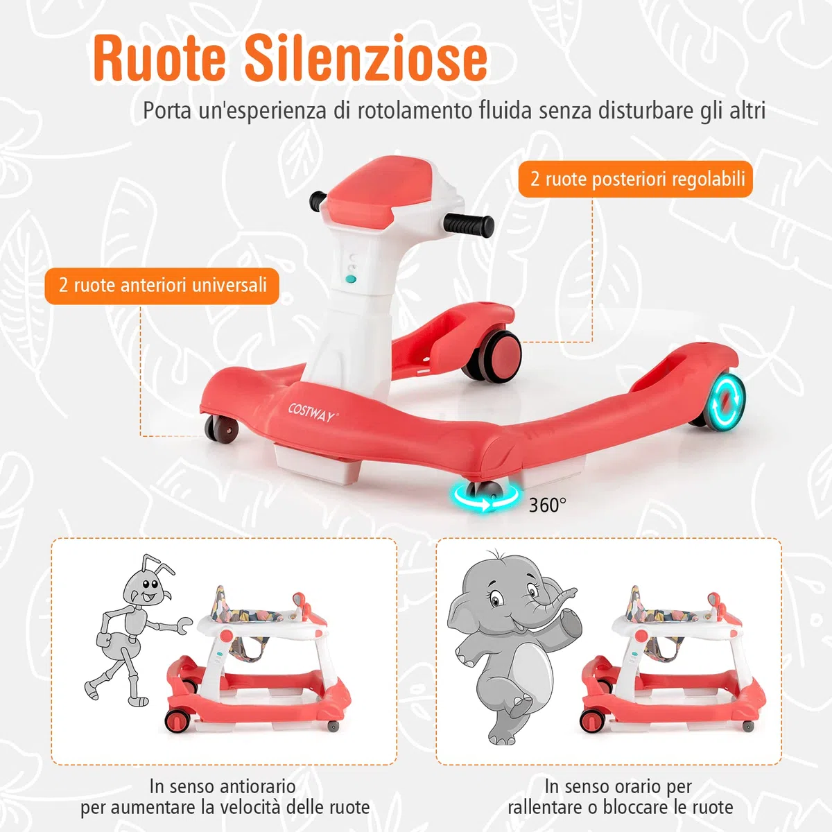 COSTWAY Girello per bambini 2 in 1, Girello con Altezza e Velocità Regolabili, Carillon con Luci e Cuscino Comodo, Primi Passi per Bambini 6-18 Mesi, Capacità di carico: 15 kg (Arancia)