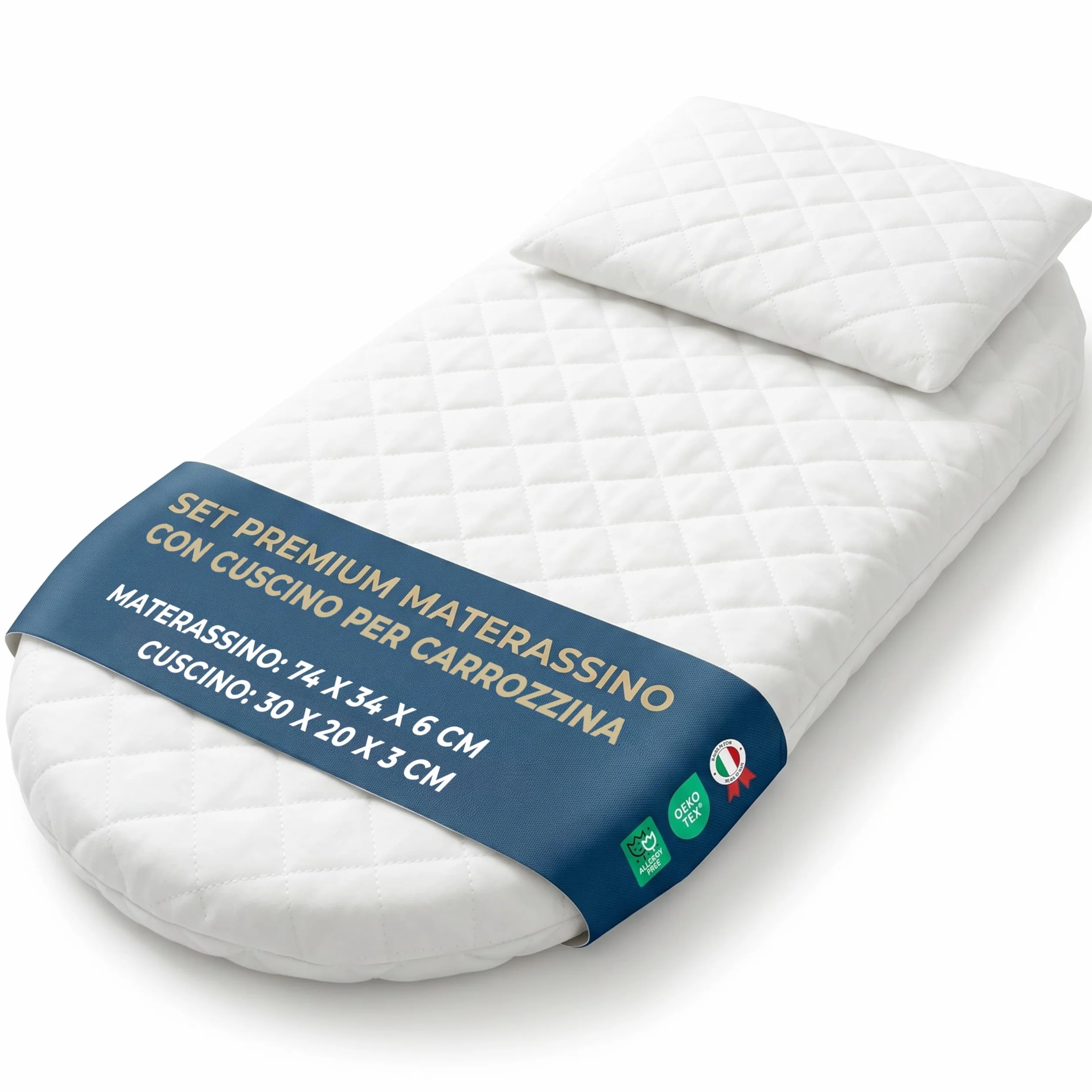 Manami® Materasso Culla e Navicella con Cuscino, Made in Italy, Cotone Trapuntato Sfoderabile, Materasso Carrozzina Traspirante per Neonato, 74x34x6 cm