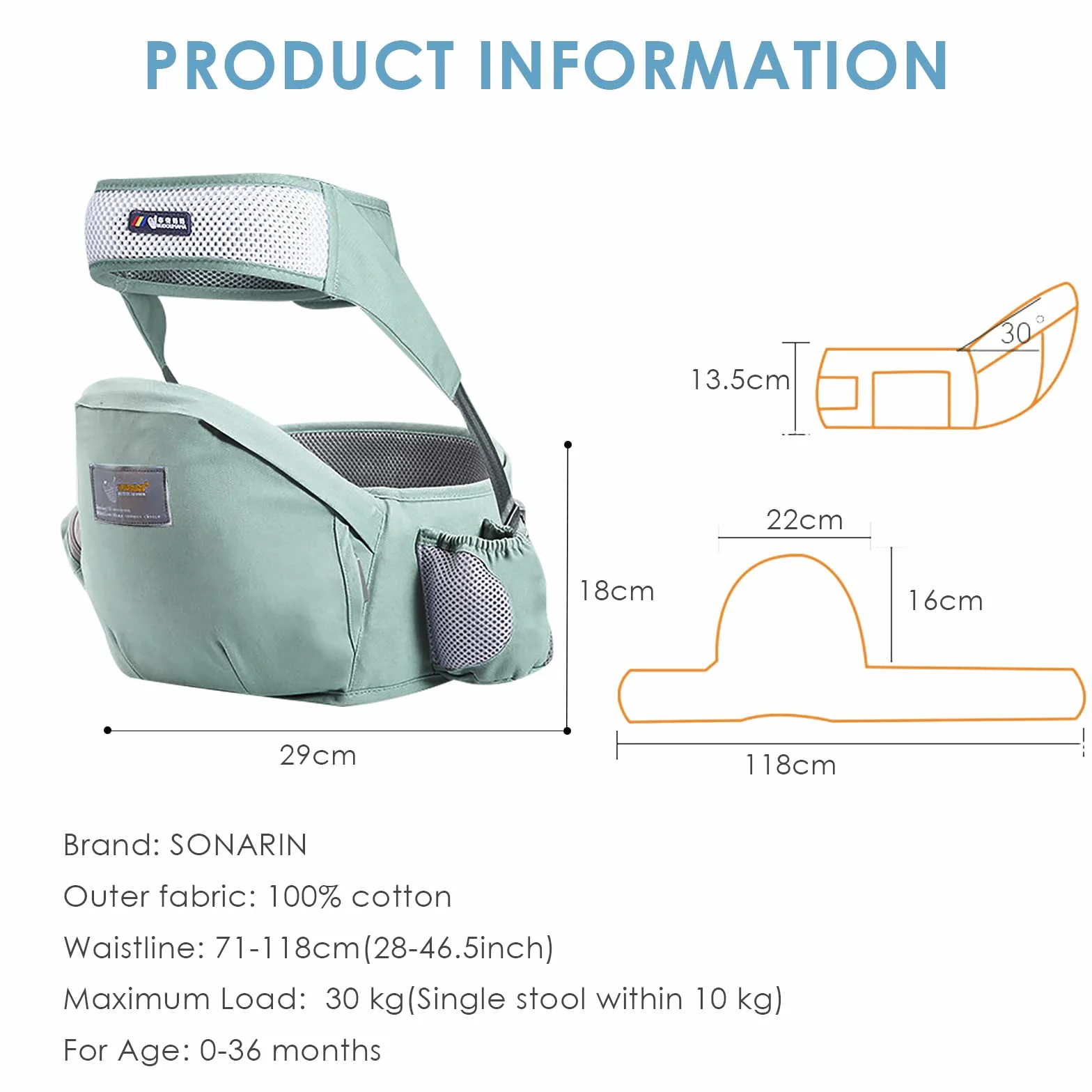 SONARIN Hipseat Marsupio,Ergonomico Neonati Marsupio Supporto del Sedile Portantina Bebè Seggiolino Puro Cotone con Cintura di Sicurezza & Tracolla Singola Multi Posizioni per Bambino(Verde)