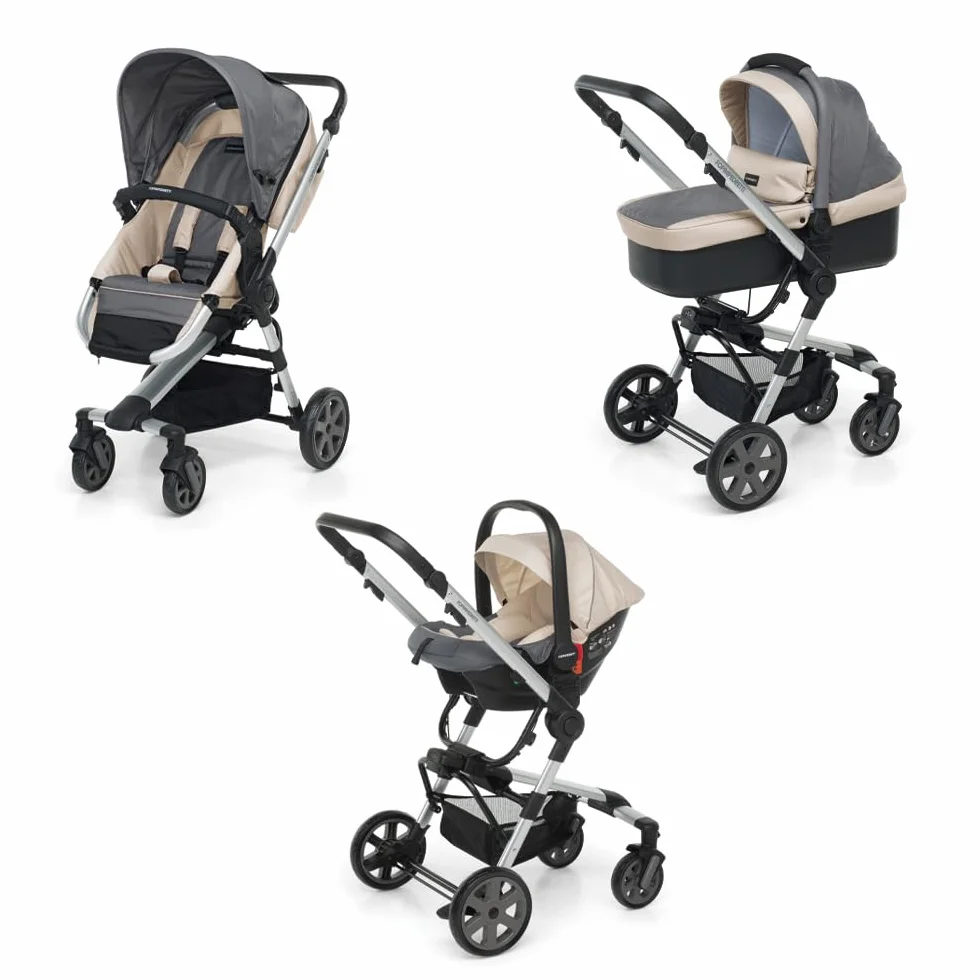 Foppapedretti Trio Supertres I-Size, Sistema Modulare Combinato per Bambini, Navicella Passeggino e Seggiolino Auto, Maniglione Regolabile, ECE R129, Silver