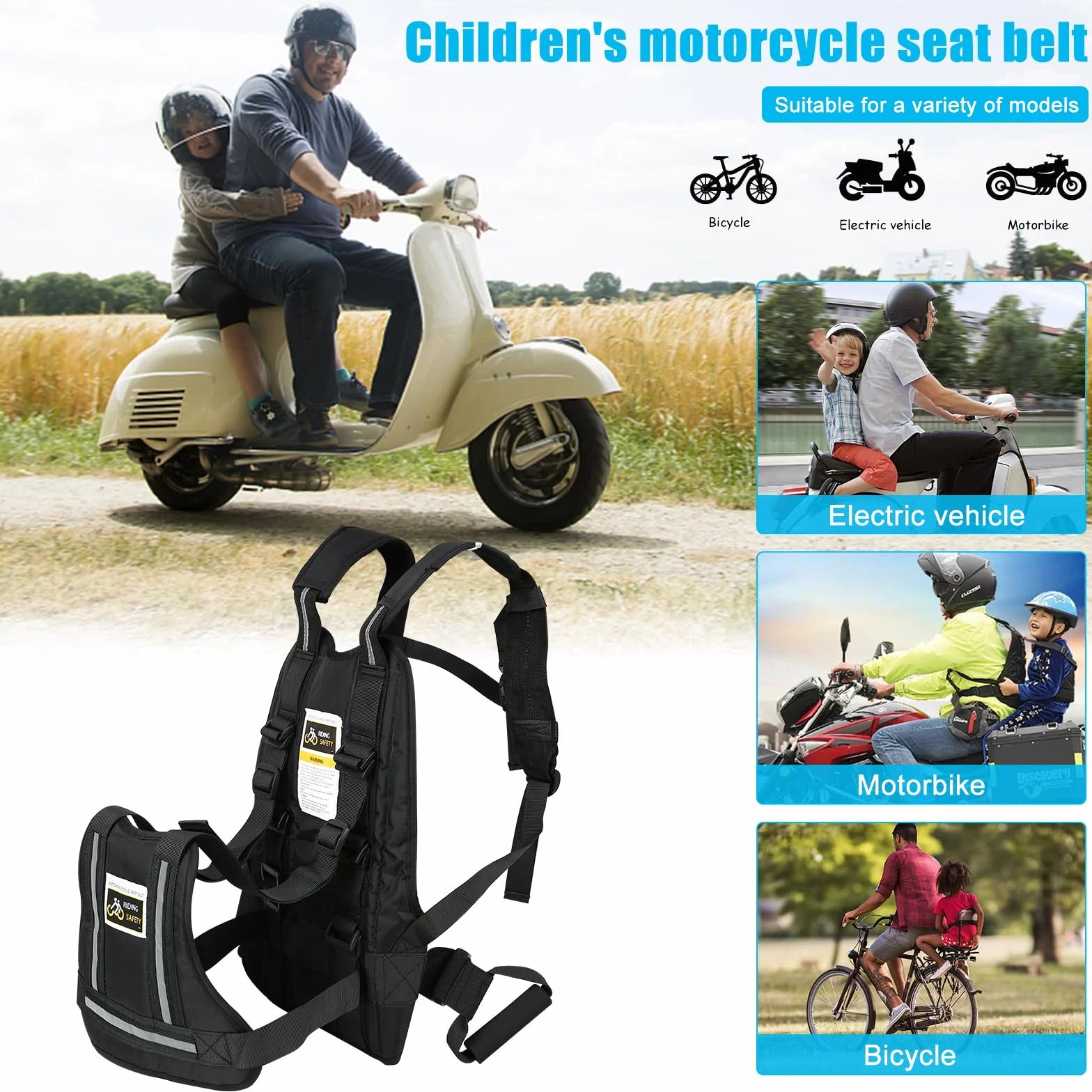 Cintura di sicurezza per moto bambini regolabile 2 manici materiale riflettente protezione 2-12 anni