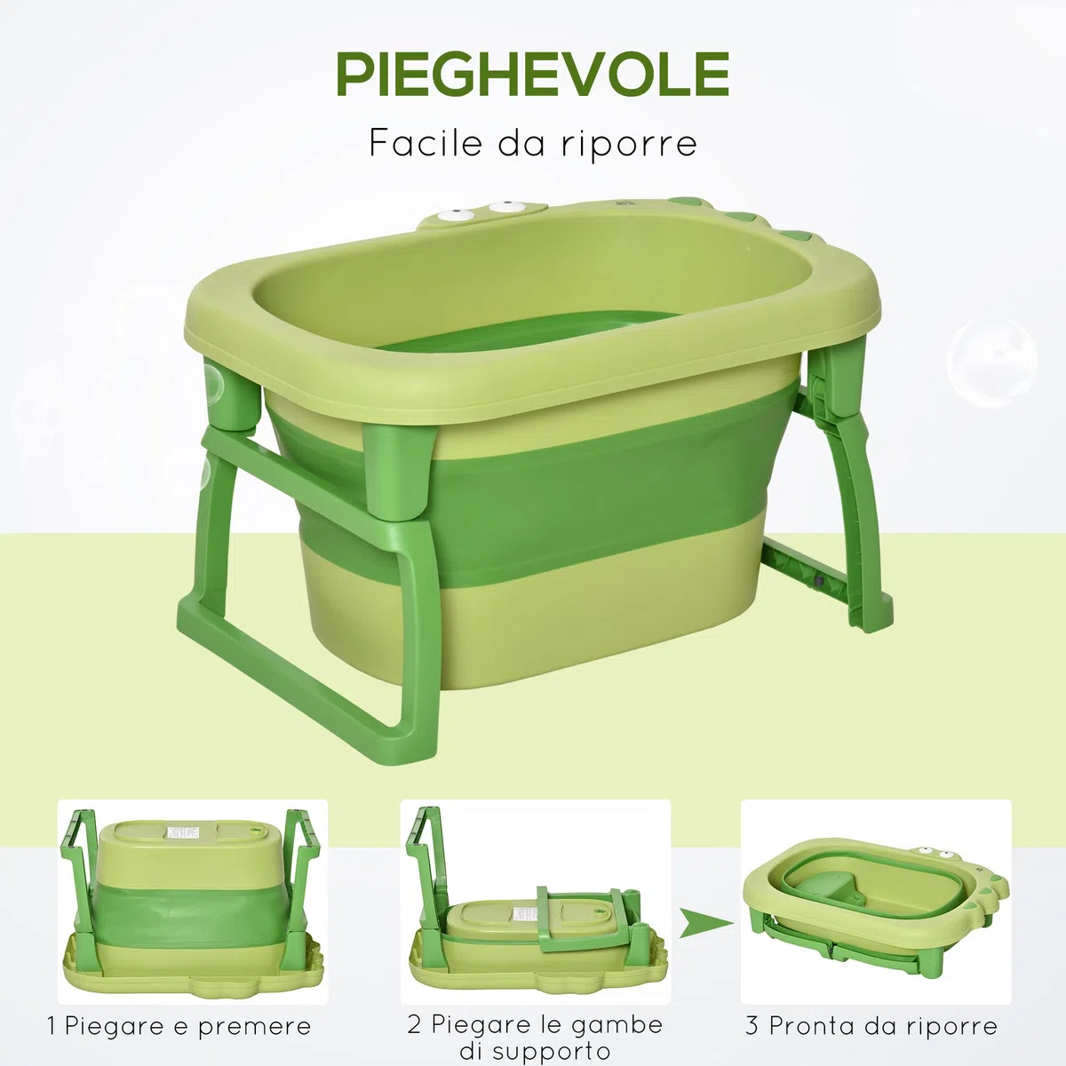 HOMCOM Vaschetta Bagnetto Neonato Pieghevole con Supporto Antiscivolo, Vaschetta da Bagno Portatile per Neonati e Bambini di 0-6 Anni con Foro di Scarico, 75.3x55.4x43cm, Verde