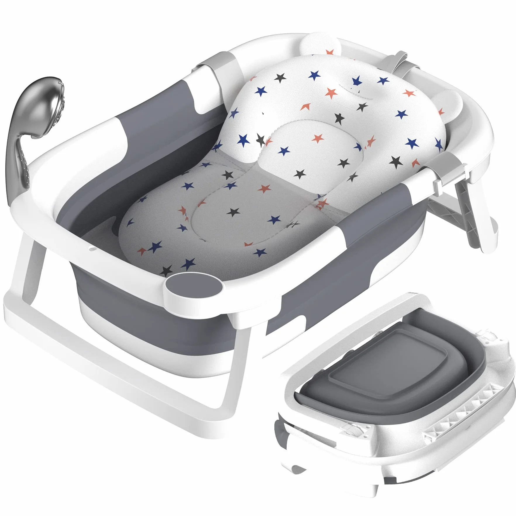 Vaschetta Bagnetto Neonato Pieghevole, Vasca per Bambini Portatile con Tappetino Antiscivolo e Foro di Scarico,Nessun Termometro,Grigio