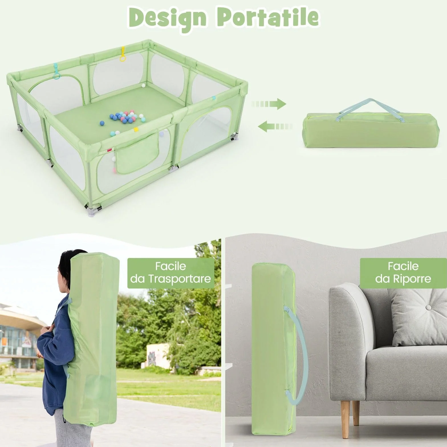 COSTWAY Recinto per Bambini, Box Pieghevole con Rete Traspirante, Centro Attività per Neonati con 50 Palline, Box Giochi per Bambini 0-3 Anni (Verde, 189 x 158 cm)