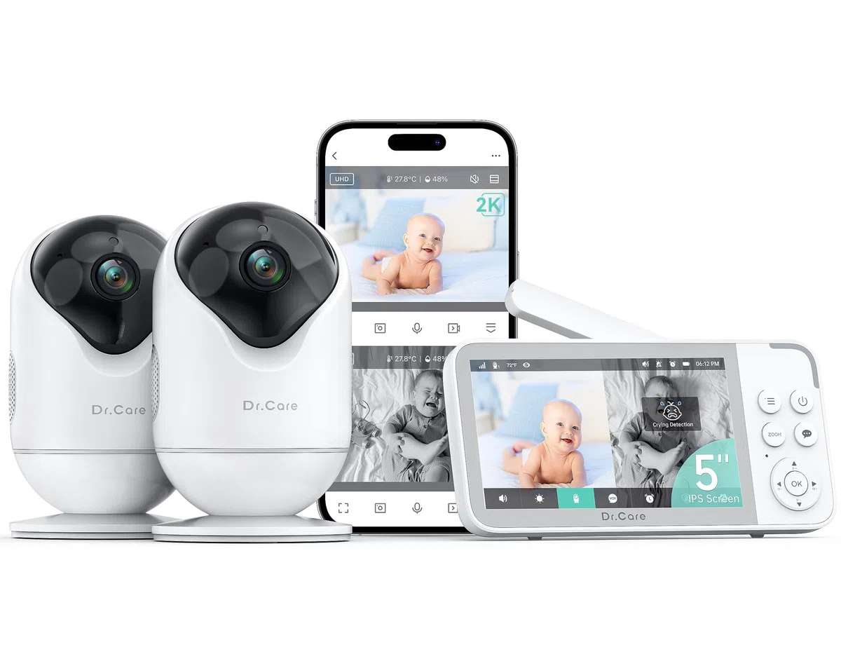 Dr.Care VistaView Baby Monitor WiFi 5” 1080P Schermo Diviso & 2 Telecamere 2K, Visione Notturna HD, Allarmi Pianto e Movimento, Audio Bidirezionale, Batteria 5000mAh, Sicurezza Tripla, Portata 390m