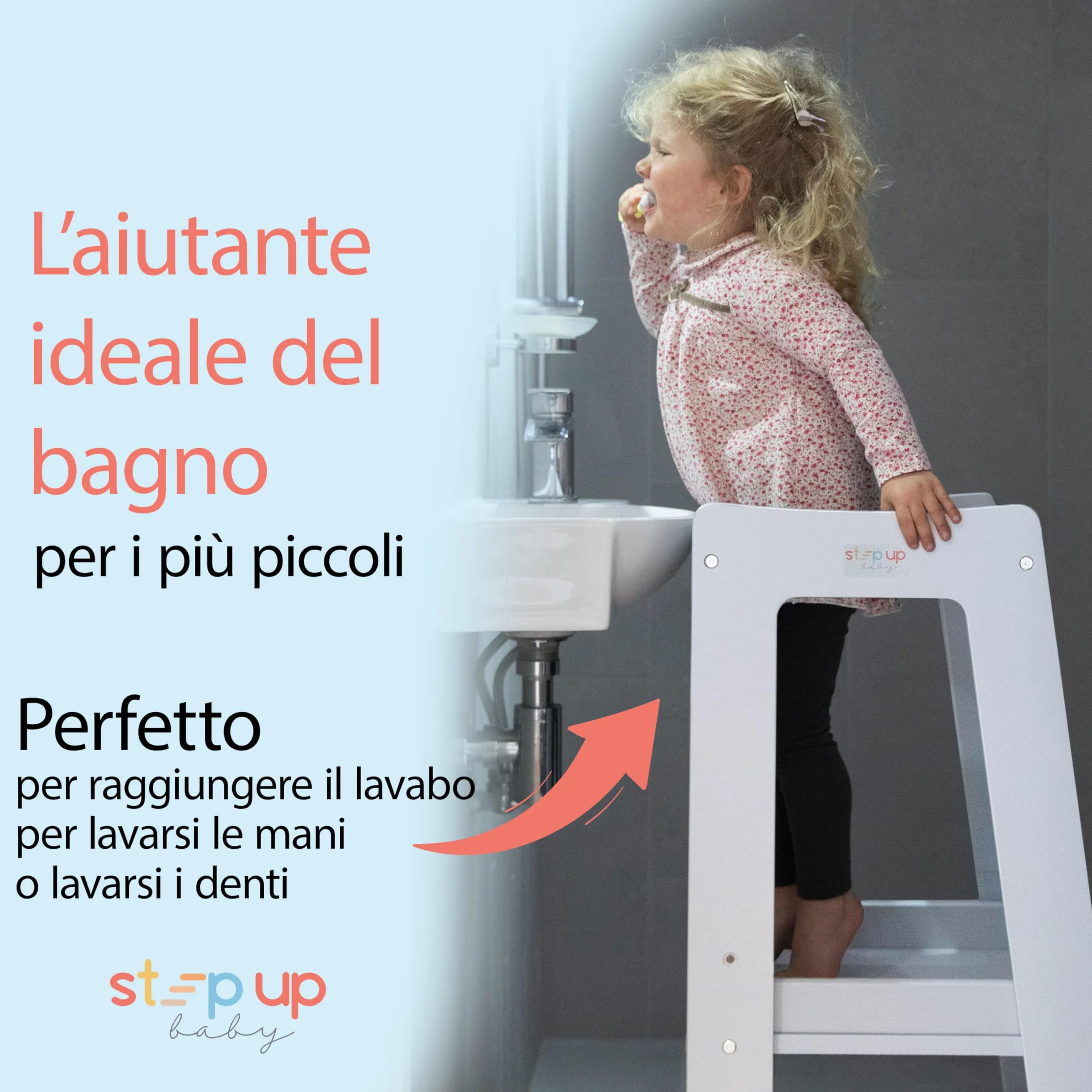 Stepup Baby Torre Montessoriana 3 Altezze Regolabili Torre di Apprendimento Ringhiera Sicurezza Bianco