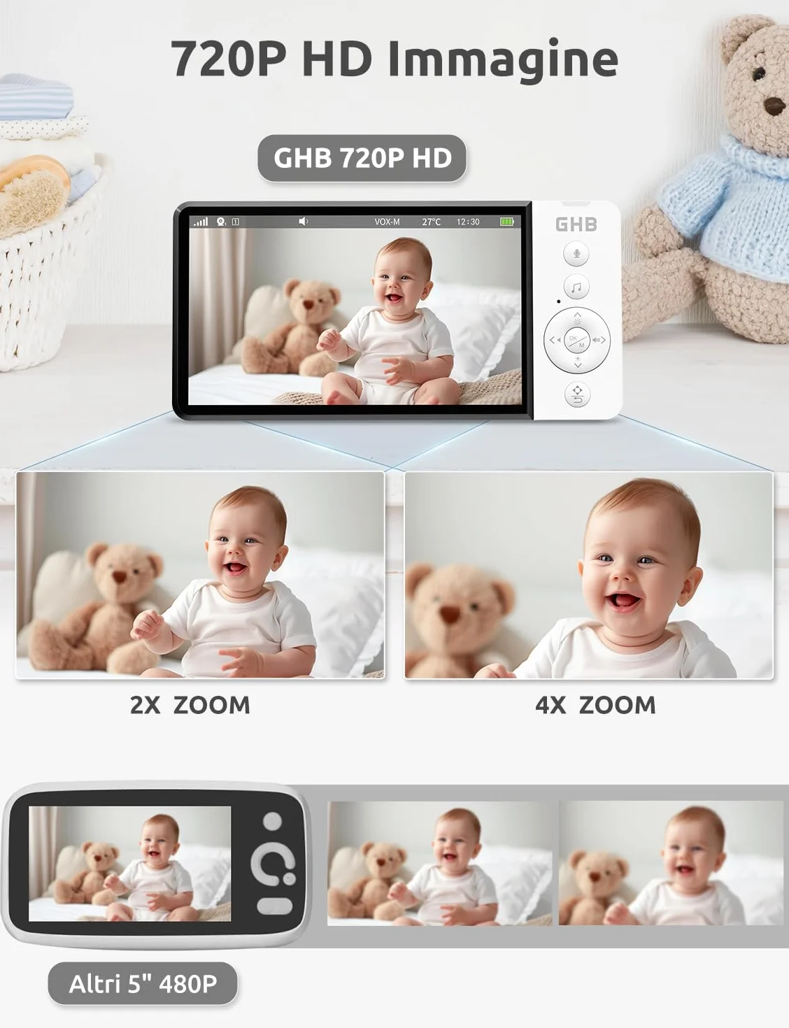 GHB Baby Monitor 5" 720HD 168 Ore Autonomia 350° Telecamera Rotante Rilevamento Temperatura VOX Visione Notturna