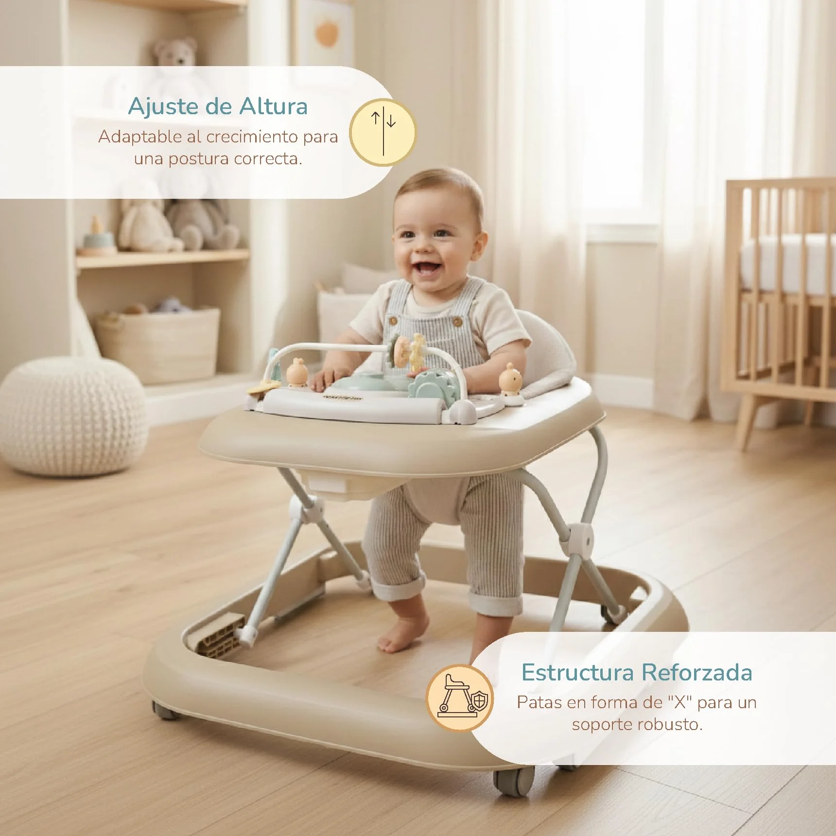 Buddy Baby FUNNY - Deambulatore per bambini + 6 mesi con base antiribaltamento - Include Vassoio con Suoni e Giochi - Pieghevole compatto, altezza regolabile e ruote girevoli a 360° (Sabbia)