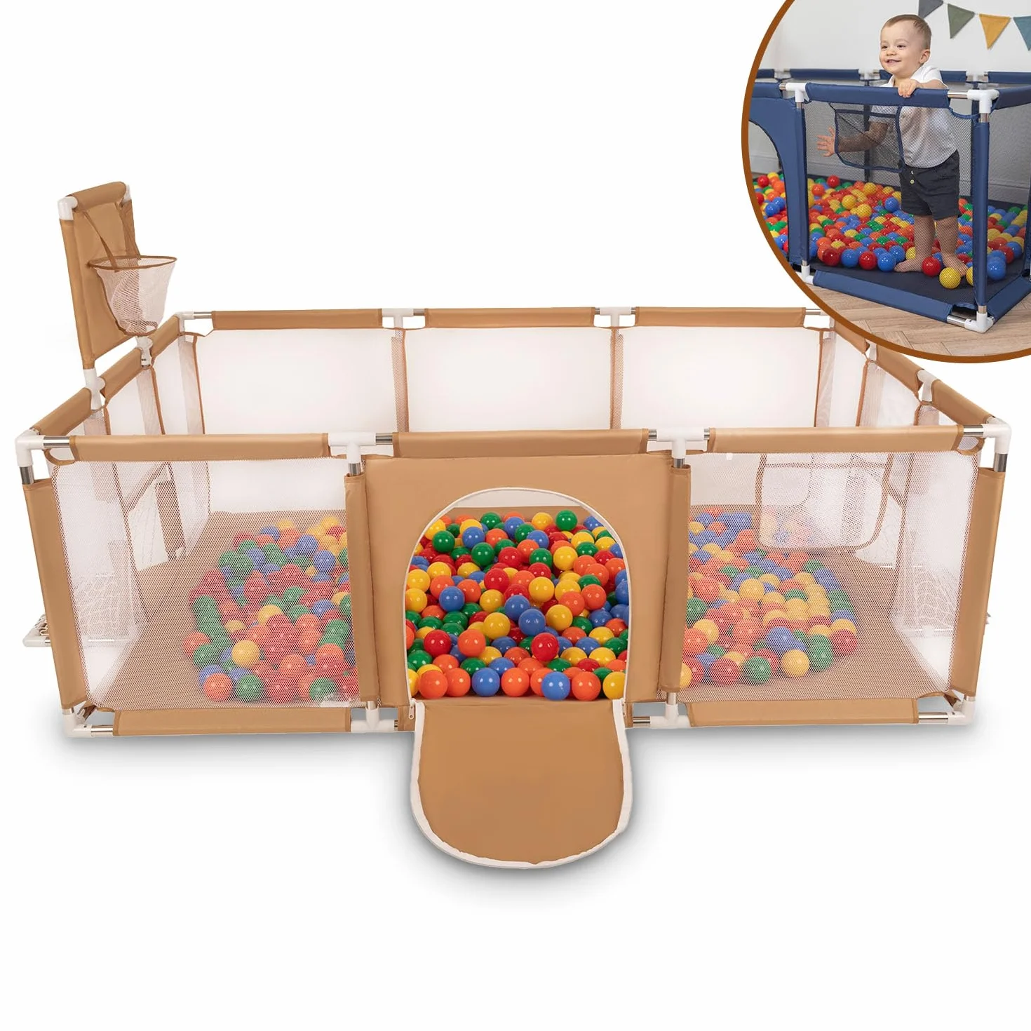 Selonis Recinto Per Bambini Con 900 Palline 6 Cm, Playground Box, Beige: Giallo/Verde/Blu/Rosso/Arancione