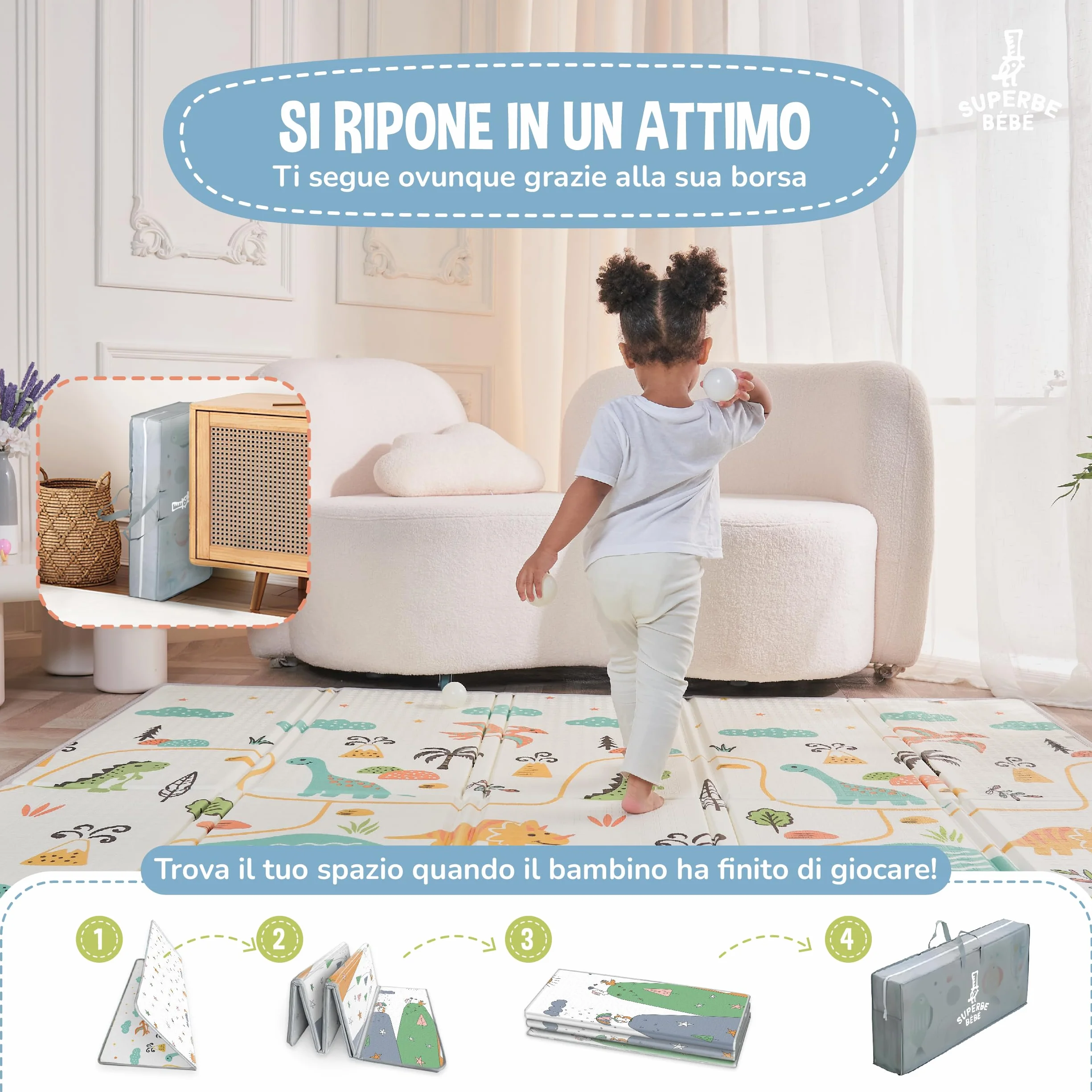 Tappeto Gioco Bambini Pieghevole 150x180x1cm Montessori Reversibile Impermeabile Schiuma Tummy Time Neonati