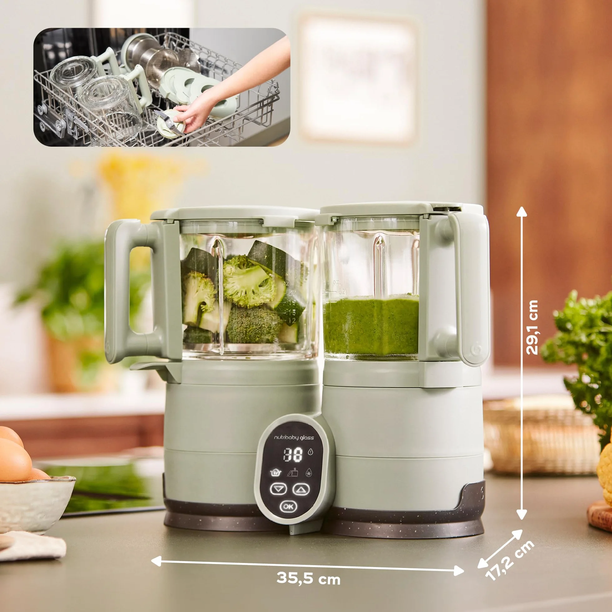 Babymoov Nutribaby Frullatore Vaporizzatore Vetro 4 in 1 Cuocipappa Svezzamento Riscaldatore Scongelatore Acciaio Inox