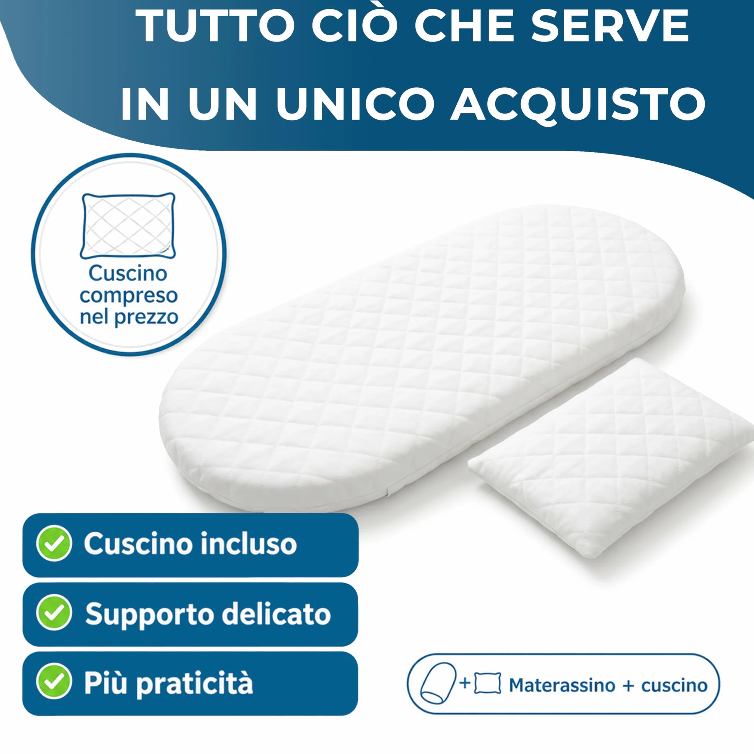 Manami® Materasso Culla e Navicella con Cuscino, Made in Italy, Cotone Trapuntato Sfoderabile, Materasso Carrozzina Traspirante per Neonato, 74x34x6 cm