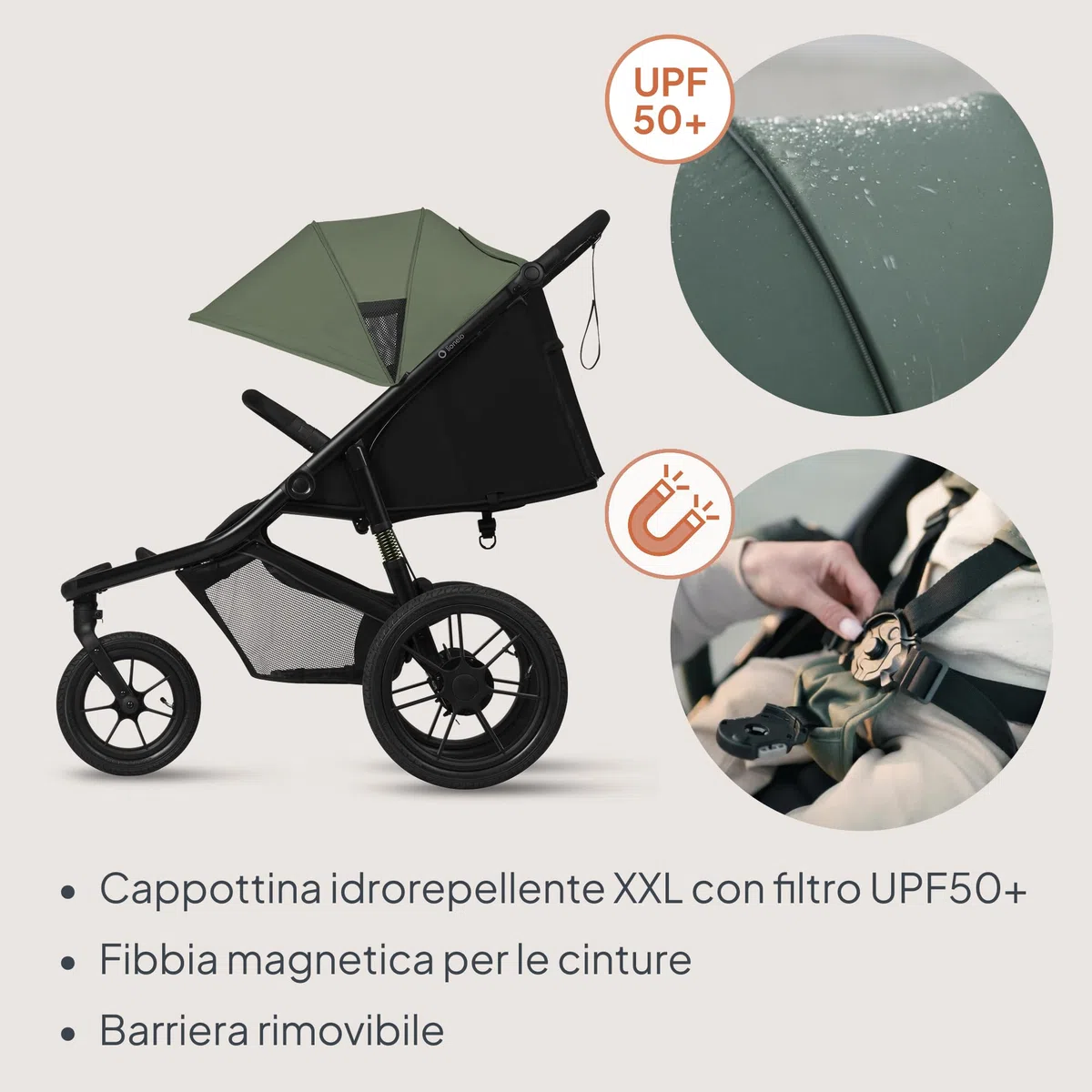 LIONELO AZURA Passeggino compatto da 6 mesi a 22 kg Passeggino a Tre Ruote, Schienale Regolabile Completamente Reclinabile Grandi Ruote Gonfiabili Sospensione Completa Cappottina XXL