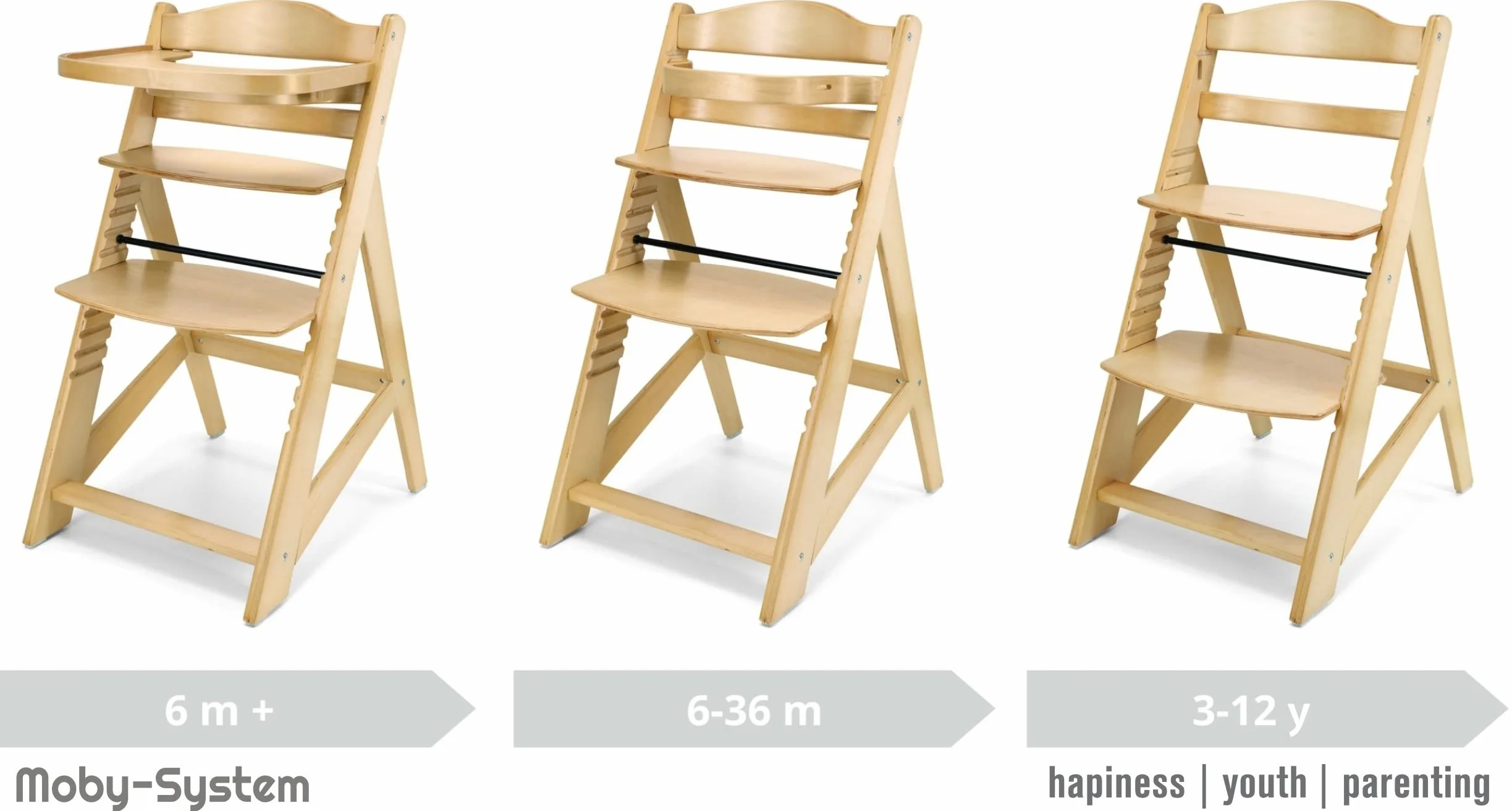 Moby-System Seggiolone Evolutivo Legno Massello Ontano 0-12 Anni 12 Livelli Altezza Regolabile Vassoio Removibile Cuscino Cintura Sicurezza 3 Punti