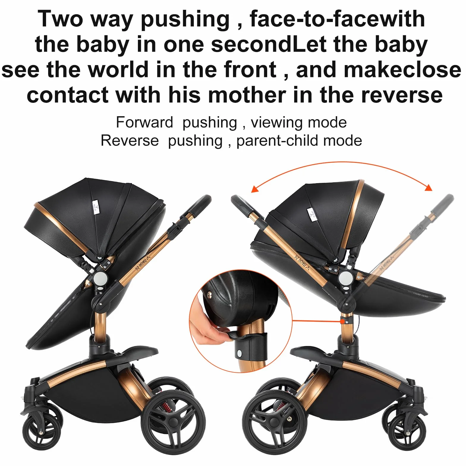 Passeggino Trio 3 in 1 360° Rotazione Pelle PU con Telaio Alluminio (906 Black)