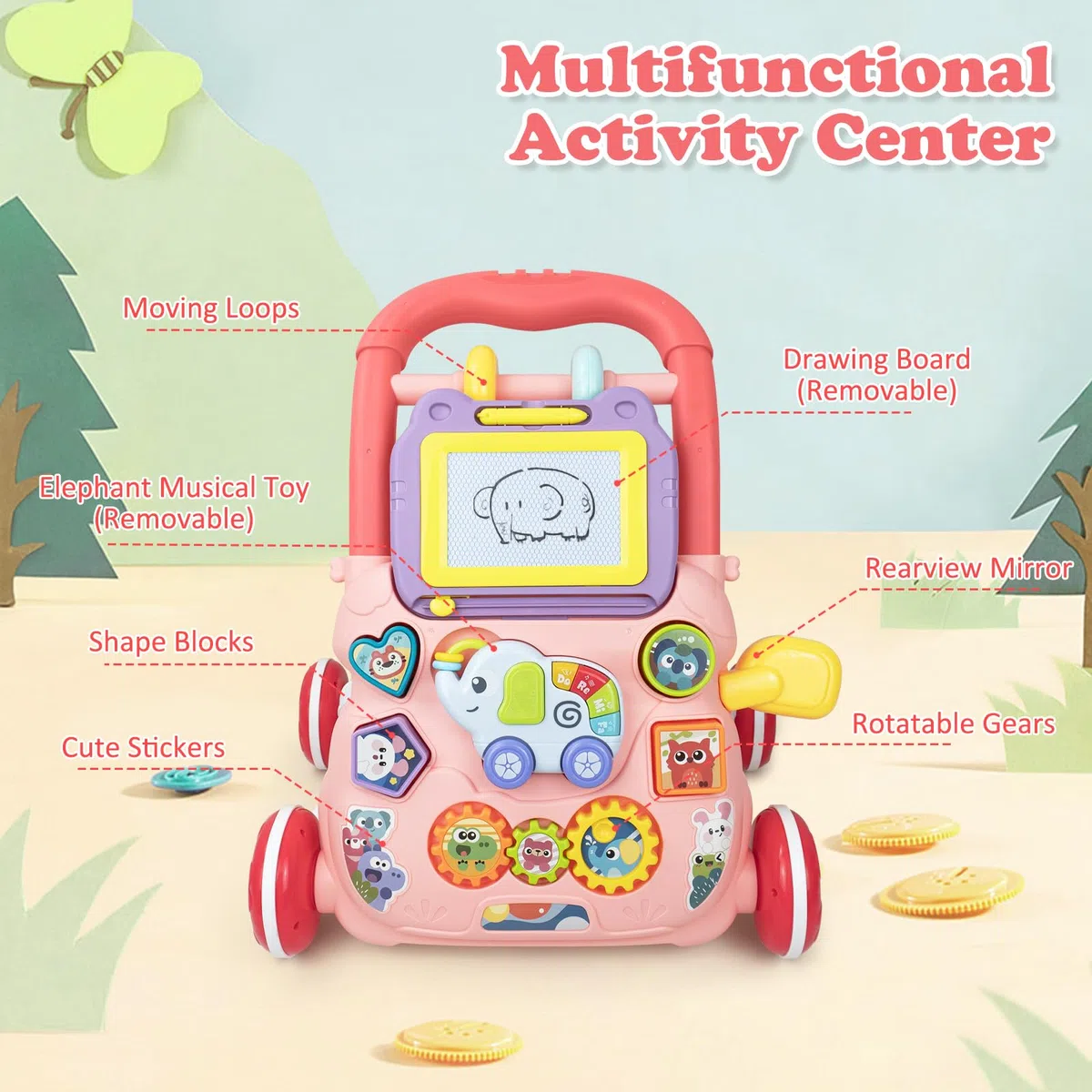 Camminatore per Bambini da Seduto a in Piedi, 2 In 1 Giocattolo a Spinta Bambini con Musica e Lavagna da Disegno, Centro di Attività Educativa Precoce Multifunzionale per Neonati 12M+ (Rosa)
