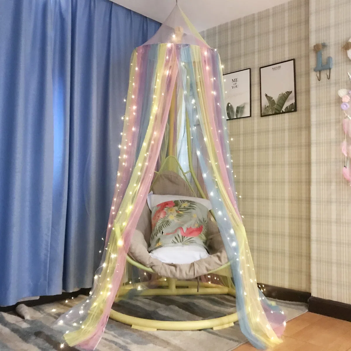 Principessa baldacchino letto con 250pcs luci bianche calde tenda, baldacchino letto arcobaleno per le ragazze camera decorazione o festa a tema unicorno