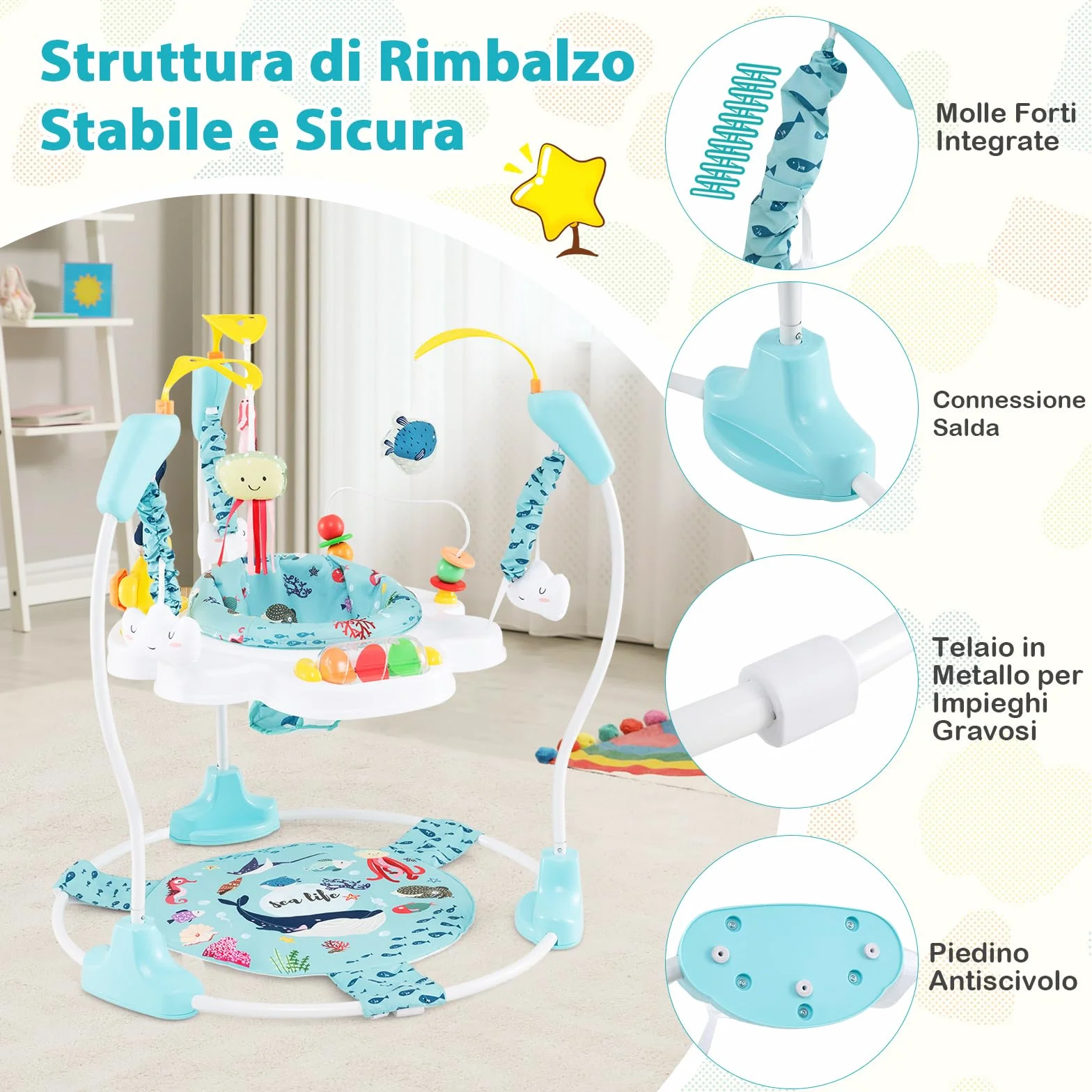 COSTWAY Jumperoo per Bambini, Centro Attività Saltella con Altezza Regolabile, Sedile Girevole 360°, Luci e Suoni, 6+ Mesi, Azzurro