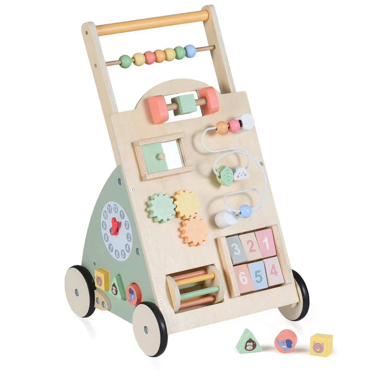 COSTWAY Carello Primi Passi in Legno per Bambini, Girello Montessori con Centro Attività, Ruote e Cestino Portaoggetti, Gioco Educativo per Bambini 12 + Mesi (Modello 5)